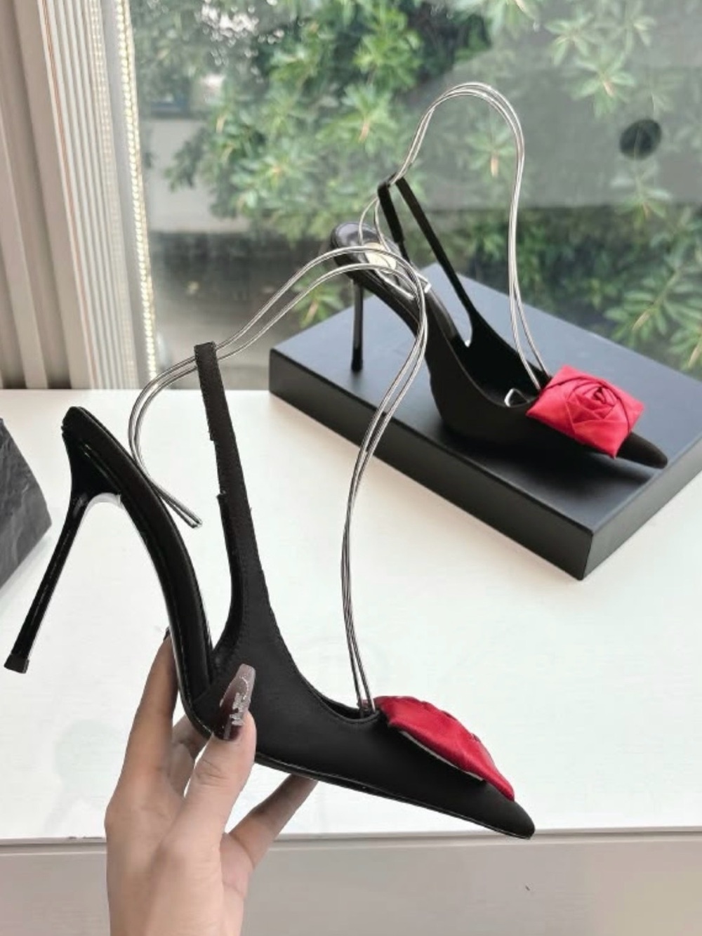 Black Slingback Stiletto Heels with Red Accent